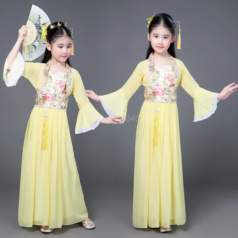 Hanfu Традиционный китайский национальный костюм для детей, сказочный костюм для девочек, народное платье, костюм для танцев в древнем стиле, Детский костюм танга, сценический костюм