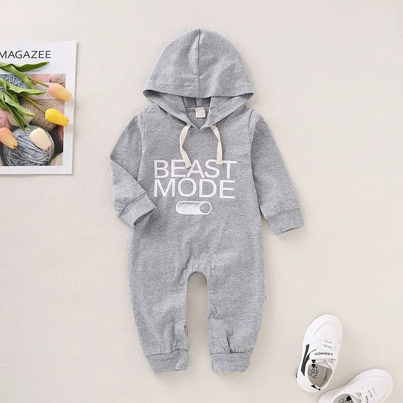 

2019 New Autumn Baby Boy Hooded Romper Long Sleeve Letters Print Overalls Jumpsuit Children Kids Toddler Clothes