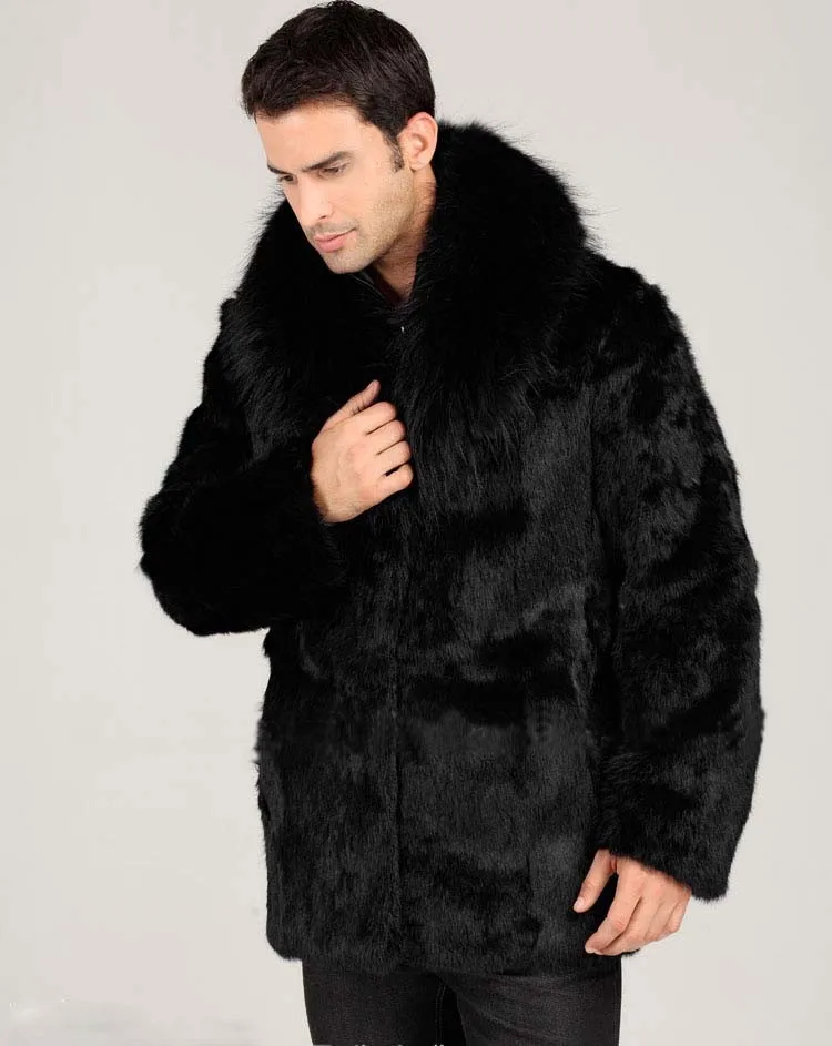 6XL 7XL зимняя мужская мода воротник из лисьего меха шубы из искусственного кроличьего меха черный роскошный кожаный костюм парка Высококлассные повседневные мужские куртки