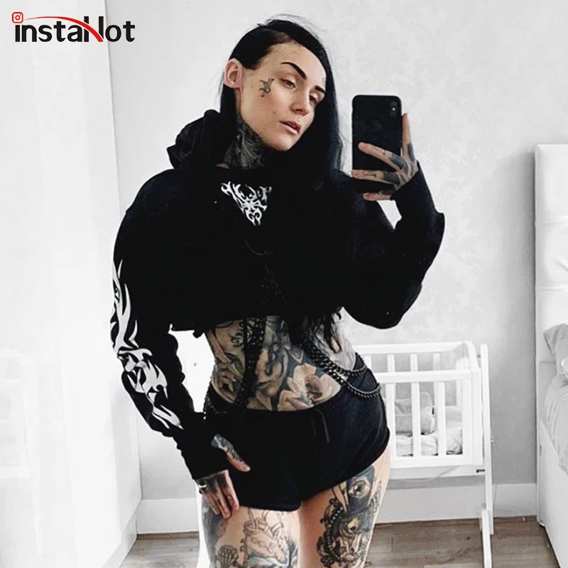 

InstaHot Black Hoodies Chain Reflective Flash Pattern Women Crop Top Gothic Punk Streetwear Hooded Autumn Long Sleeve Top