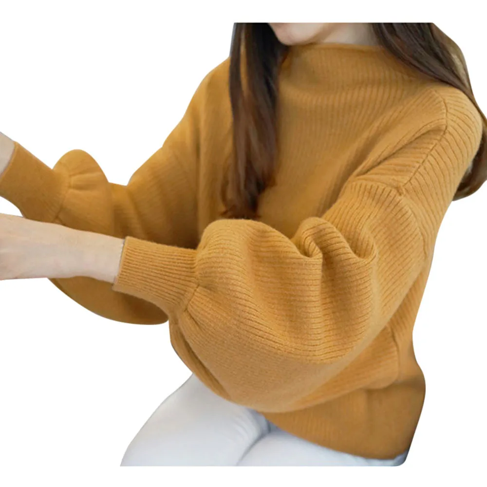 Женский однотонный пуловер с круглым вырезом, женский свитер, Осень-зима, вязаный свитер с рукавом-фонариком, джемпер, свободная водолазка, верхняя одежда, Топ#829