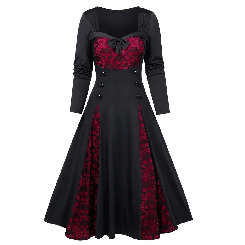

Women Dress Plus Size Halloween Skull Lace Insert Mock Button Bowknot Dress Fashion Female Autumn Winter Casual Dress M840#
