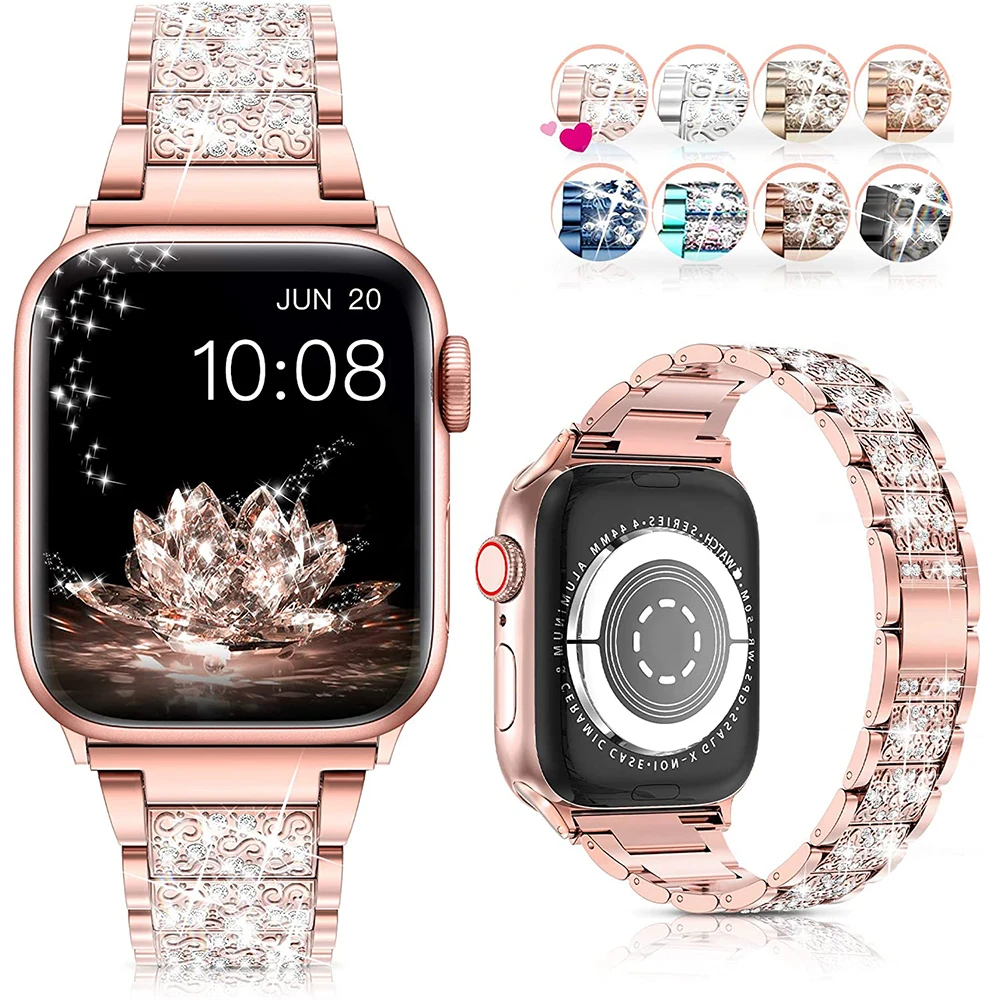 

Ремешок металлический для Apple Watch SE 6 7 40 мм 44 мм 41 мм 45 мм, браслет для iWatch Series 5 4 3 38 мм 42 мм, блестящий браслет для часов со стразами