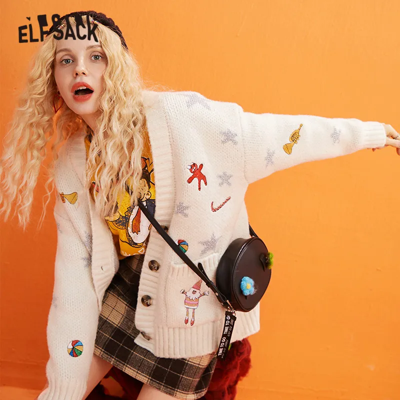 

ELFSACK Red Cartoon Embroidery Knit Casual Cardigan Women Sweaters 2019 Winter White Star Single Button Long Sleeve Female Tops
