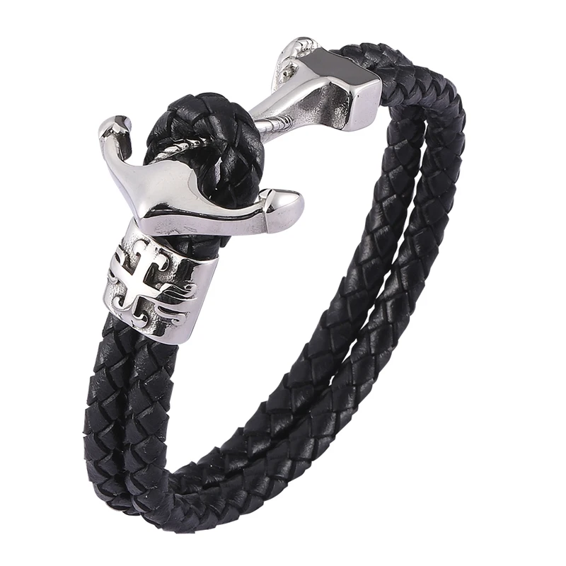 Высококачественные браслеты из натуральной кожи мужские браслеты из нержавеющей стали с якорем и браслеты для мужчин ювелирные браслеты аксессуары BB0479 - Окраска металла: Black