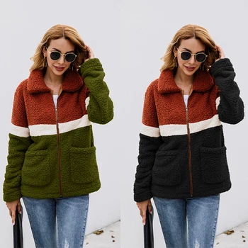 

Lapel Streetwear Fashion Long Sleeve Zipper Autumn Winter Daily Casual Splice With Pocket Women Coat Double Sided Velvet Slim