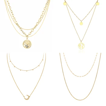 

Multilayer Necklace Long Pendant Necklace Women Stainless Steel Necklace Fashion Moon Circle Map Pendant Necklace Jewelry Gift