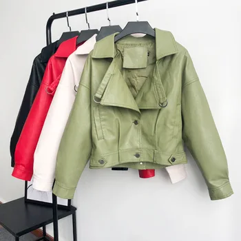 

LANMREM 2020 New Autumn Winter Lapel Solid Color Zipper PU Leather Women's Jacket Streetwear Loose Temperament Coat Tide PF747