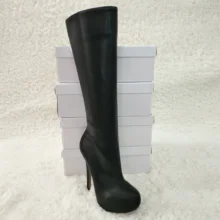 Women Stiletto High Heel Knee-High Boots Round Toe Black PU Platform Fashion Evening Party Ball Lady Office Long Boots 3463BT-b