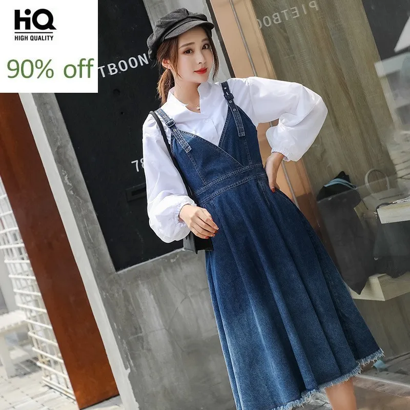 Spring Women Midi Denim Strap Dress 