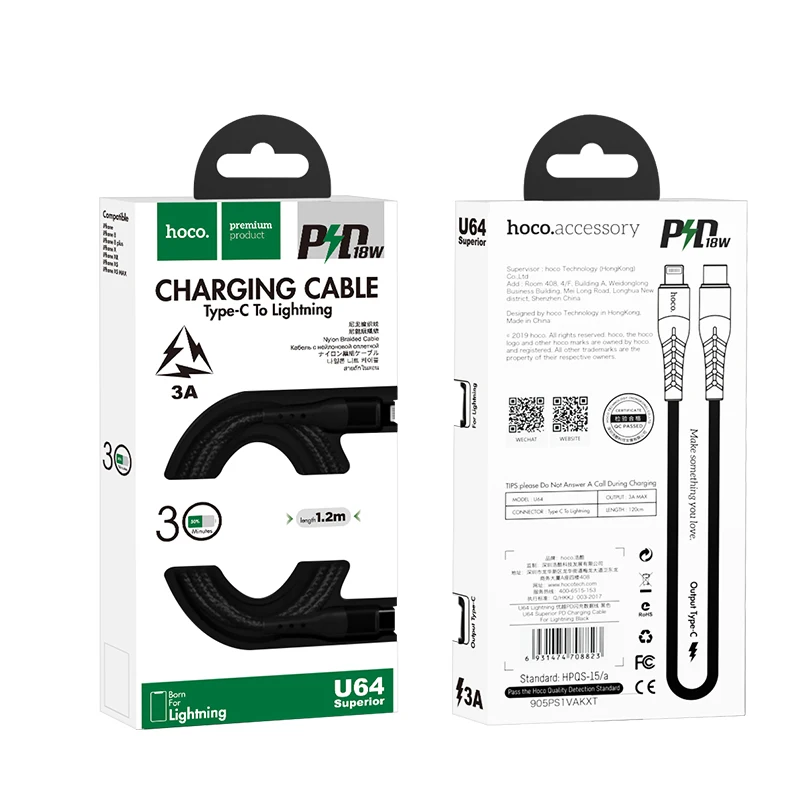 HOCO кабель типа C для iPhone 11 Pro Max 18 Вт PD быстрое зарядное устройство USB C для освещения зарядный кабель для Macbook Pro провода