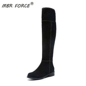 

MBR FORCE Fashion comfortable round toe cow suede boots solid color women over the knee Sexy Thin Woman Shoes Ladies Girls black