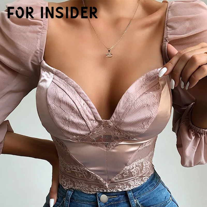 

For Insider Elegant cropped lace pink sexy blouse top See through backless chiffon blouse shirt Women long sleeve blusas voile