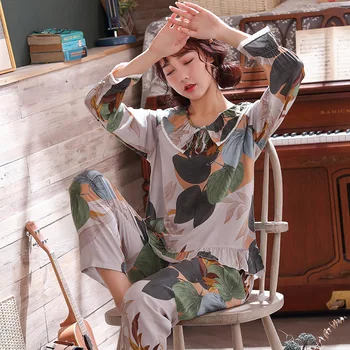 

Lisacmvpnel Long Sleeve Pajamas Woman Cotton Silk Round Neck Pajamas Suit Thin Section Pyjamas
