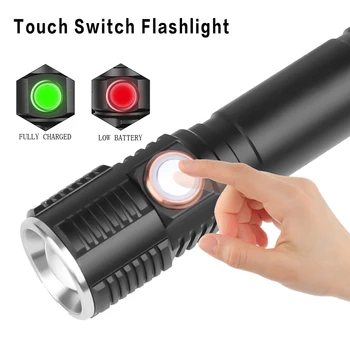 

Touch switch T6 LED flashlight portable 3 mode waterproof zoom torch USB rechargeable use 18650 battery best gift