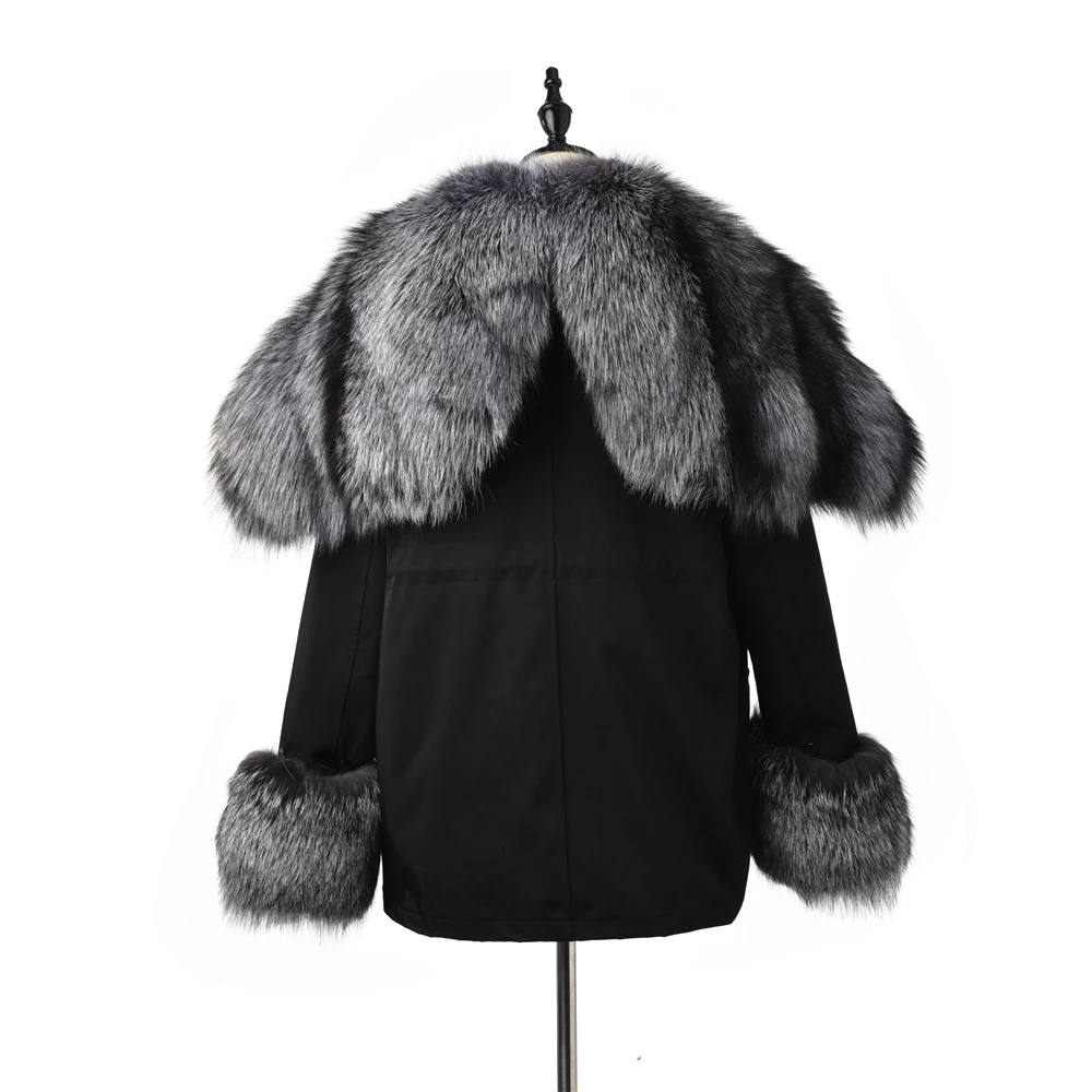 TOPFUR, модное женское пальто из натурального меха, черная парка, натуральный мех серебристой лисы, пальто с капюшоном, регулируемая Зимняя парка из меха лисы, короткая