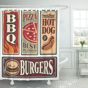 

Vintage Fast Food Tin Signs Retro Ads Collection Pizza Shower Curtain Waterproof Fabric 72 x 78 Inches Set with Hooks