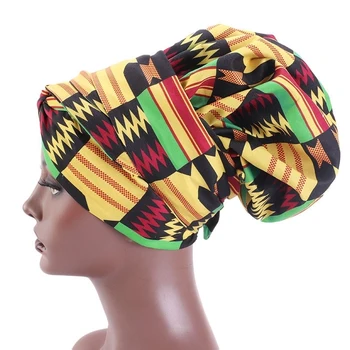 

1PCS 38cm African Hair Caps Print Satin Bonnet Long Ribbon Double Layer Headwrap Pattern Women Cover Large Size Wrap Cap Hair