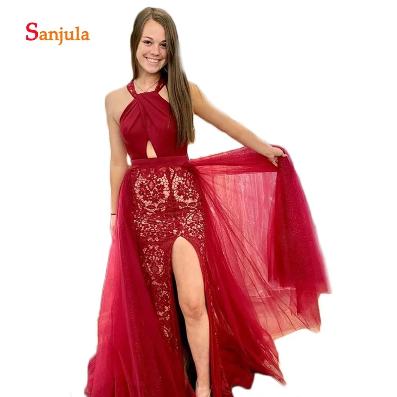 

Lace Halter Dark Red Prom Dresses Sheath Skirt Lace Formal Dresses with Tulle Leg Slit Dinner Dress Open Back Prom Gowns D1386