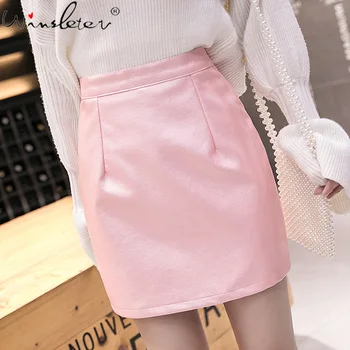 

Pink PU Short Skirts Women Fashion Faux Leather Skirt Spring Elegant Zipper Up High Waist Mini Skirts For Female Ladies B04403B