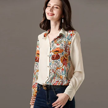 

100% Silk Blouse Women Shirt Asymmetrical Patchwork Flower Printed Design Turn-down Neck Long Sleeves Office Top New Fashion