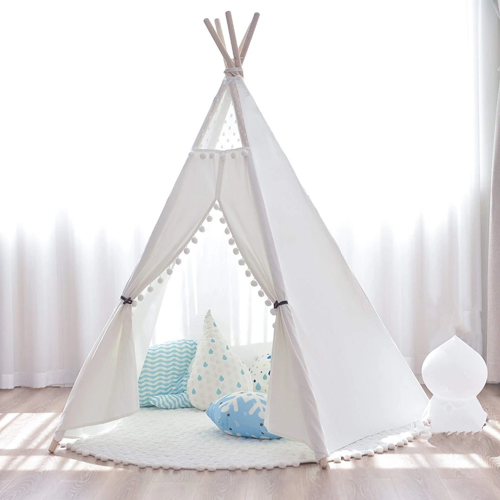 

Large Canvas Teepee Tent Kids Teepee Tipi with Grey Pom Poms Indian Play Tent House Children Tipi Tee Pee Tent NO MAT girls tent
