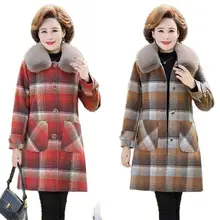 

Mother Jacket Autumn Winter Cotton Coat Plus Cotton Thickening New Western Style Plaid Mid-Length Female Woolen Outerwear M350