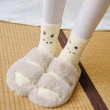 Милые Мультяшные женские носки с животными, женские коралловые бархатные носки средней длины, забавные хлопковые носки для зимы и осени, сохраняющие тепло