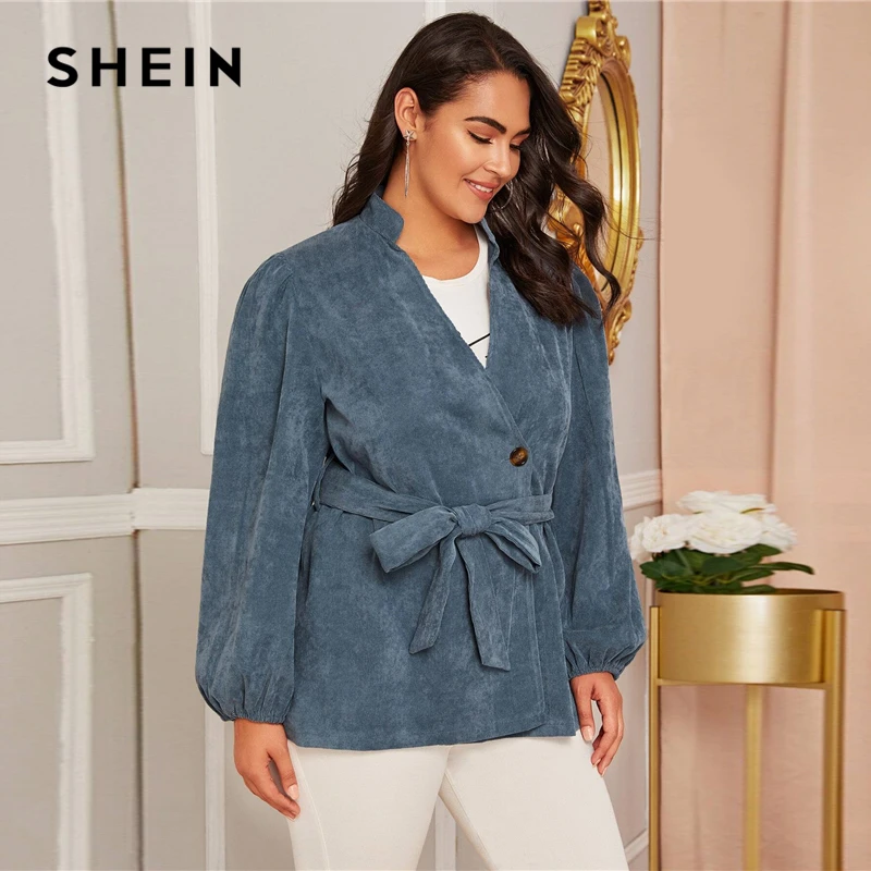 awesome  SHEIN Plus Size Blue Corduroy Lantern Sleeve Belted Coat Women Autumn Stand Collar Casual Plus Soli