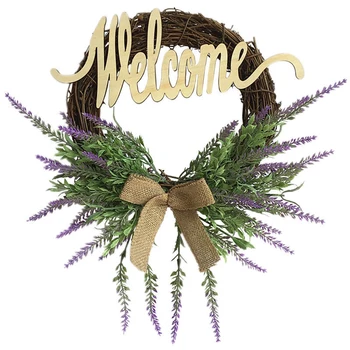 

CSS Artificial Flowers Wreaths Door Handmade Purple Lavender Wreath Welcome Sign Garland for Wedding Party Home Decoration