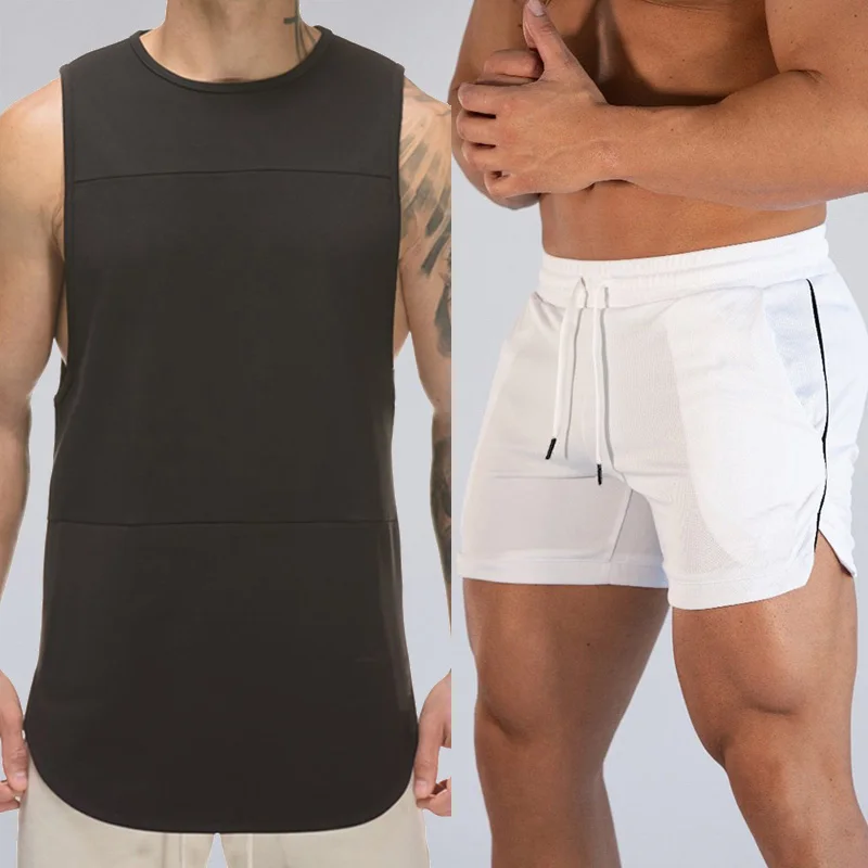 Summer 2pcs Running Sets Tracksuit Men Sportswear Joggers Mens Clothing Mesh Bodybuilding Sleeveless Shirt+Gym Shorts Sweatsuits - Цвет: 02