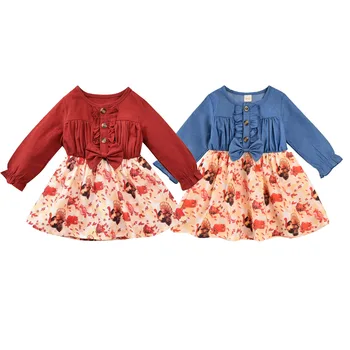 

Infant Baby Toddler Girl Thanksgiving Dress Ruffled Long Sleeve Bowknot Turkey Print Stitching Princess Dress