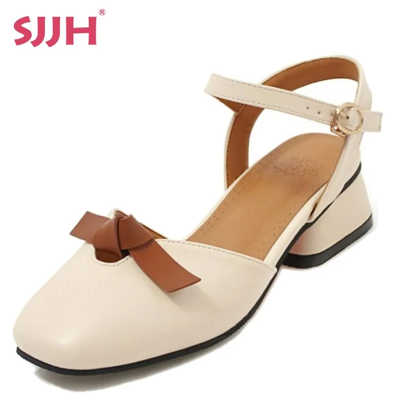 SJJH Women Casual Pumps with Chunky Heel and Bowtie Fashion Sandals with Large Size Available D125