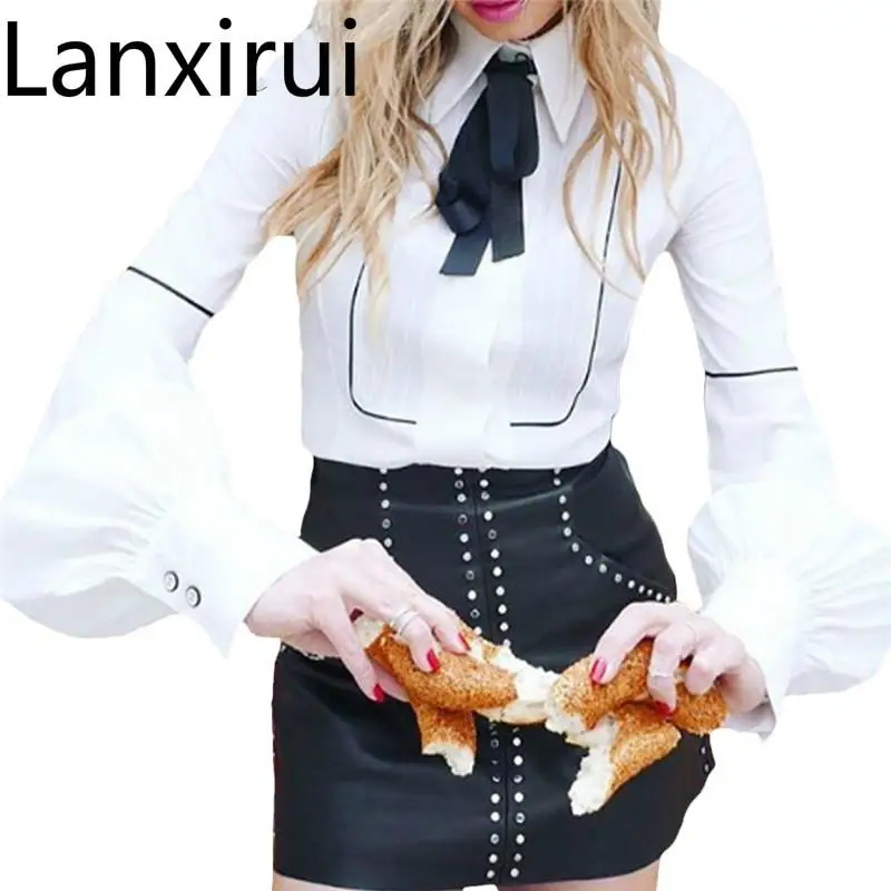 

Lanxirui Papillon Camicette Delle Donne Del T -Shirt Della Lanterna Bianca Tunica Button Down Camicie Donna Top Oct18