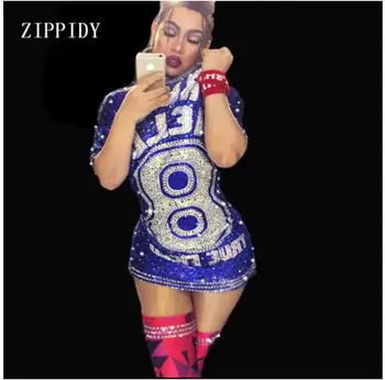 

2020 Sexy Blue Sparkly Rhinestones Nightclub Birthday Celebrate Costume Dance Stage Outfit Female Singer Stretch Evening Coat