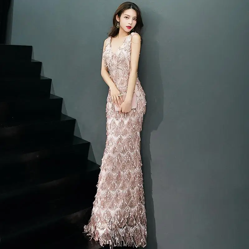 Sexy Womens Bride Party Dress V-Neck Sequin Evening Cheongsam Backless Costume Dress Long Gown Wedding Qipao Vestido S-XXL - Color: Pink