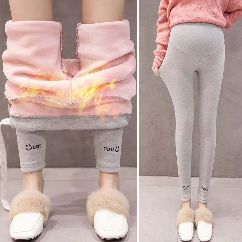 Winter Autumn Pregnancy Pregnant Women Leggings Letter Smile Pants Warm Velvet Nursing Abdomen Clothes For Maternity Skinny