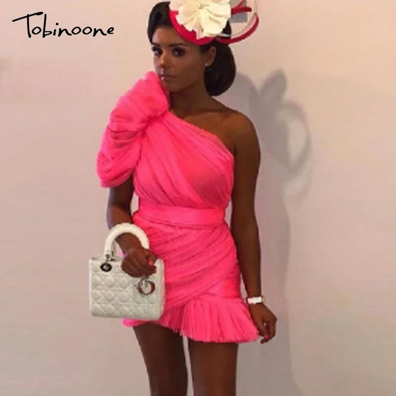 Tobinoone элегантное женское Сетчатое платье с рюшами на одно плечо, облегающее вечернее платье, сексуальное праздничное женское розовое короткое Открытое платье для ночного клуба