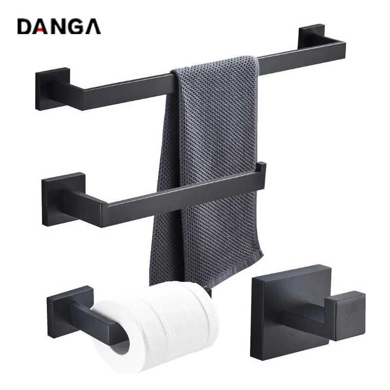 Matt Black Hardware Set Square Towel Rack Stainless Steel Towel Bar Toilet Paper Holder Robe Hook Bathroom Accessories