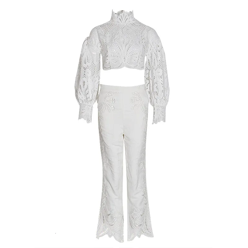 Осень, подиумная дизайнерская женская белая кружевная вышивка, комплект из 2 предметов, короткая блузка с длинным рукавом, топы, штаны с высокой талией
