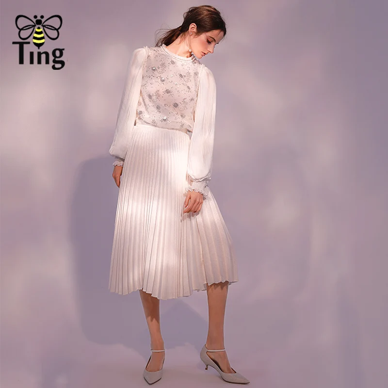 

Tingfly Designer Style Sequined Blouse & Pleated Skirt Women 2 pcs Sets Office Lady Work Sets Casual Dress Fashion Women Sets