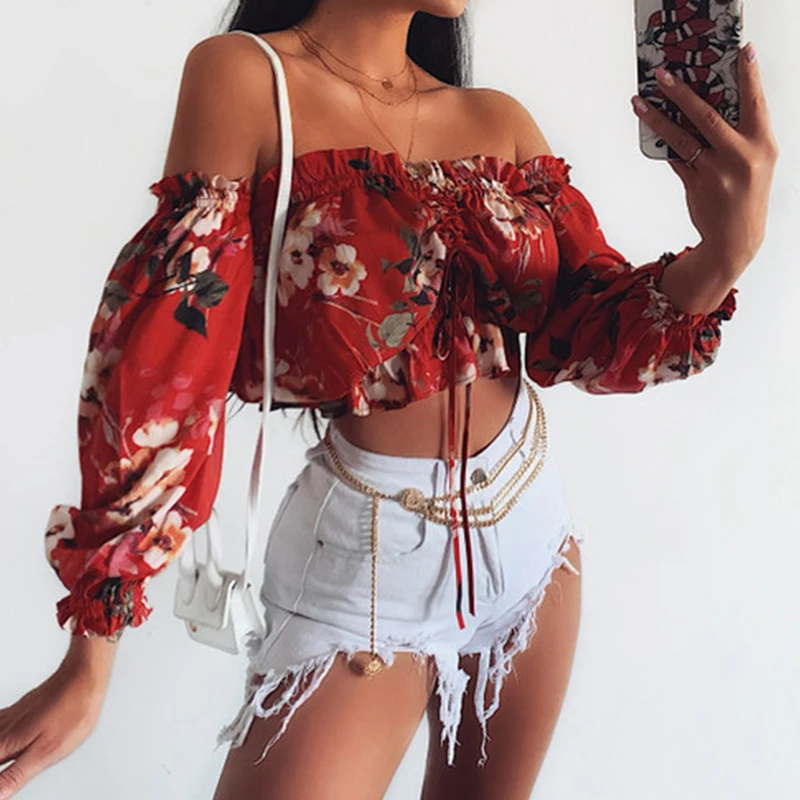 

BKLD Ladies Chiffon Slash Neck Floral Print Sexy Street Vacation Style Short T-shirt Full Sleeve Backless Edible Tree Fungus Top