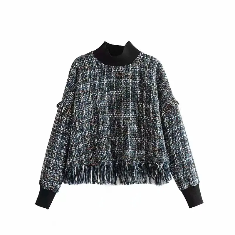 Star firefly wild high collar lantern sleeve plaid Sweatshirt female casual blue woven soft wool small fragrance tassel top