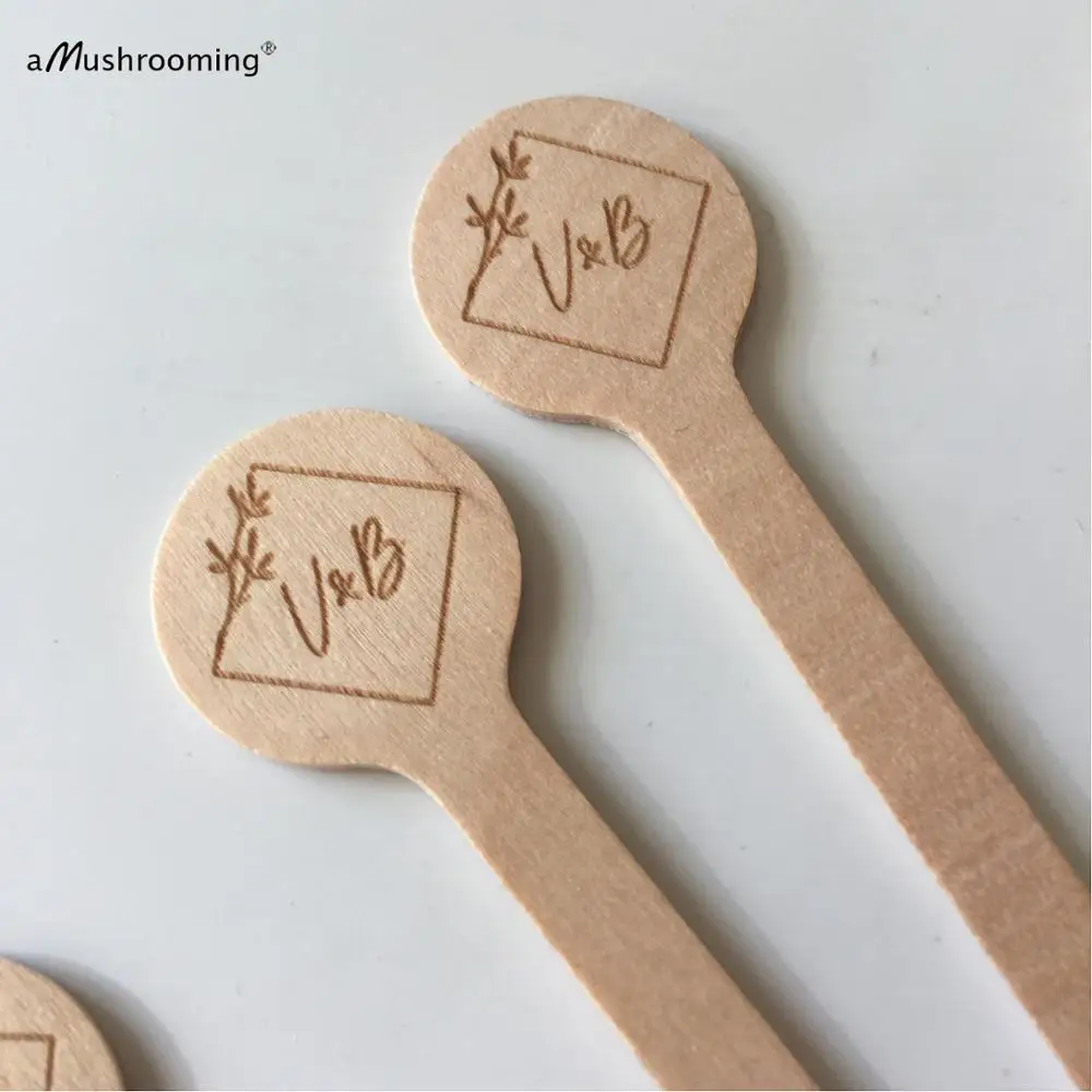 100pcs Cocktails Stirrers Drink Sticks with Initials Vintage Party Round wooden swizzle stirrers Wedding