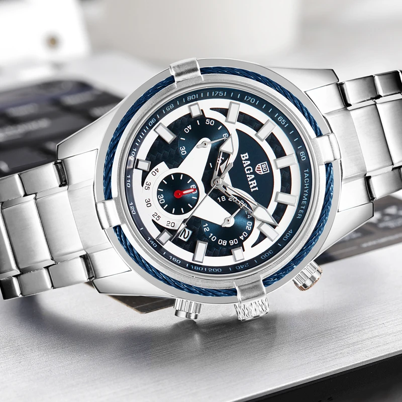 

BAGARI Sports Chronograph Mens Watches Top Brand Luxury Full Steel Clock Waterproof Man Quartz Watch