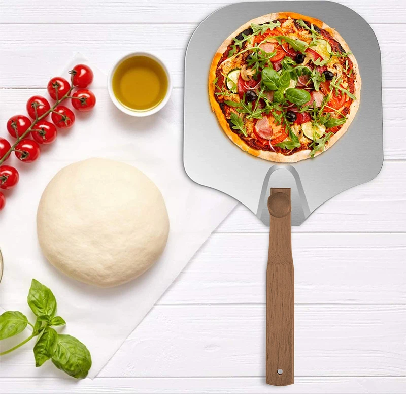 1pcs Folding Aluminum Pizza Peel Stone Palmyra Cleaning Brush Wood Handle Cook Kitchen Oven Accessory Kit Portable BBQ Bake Tool