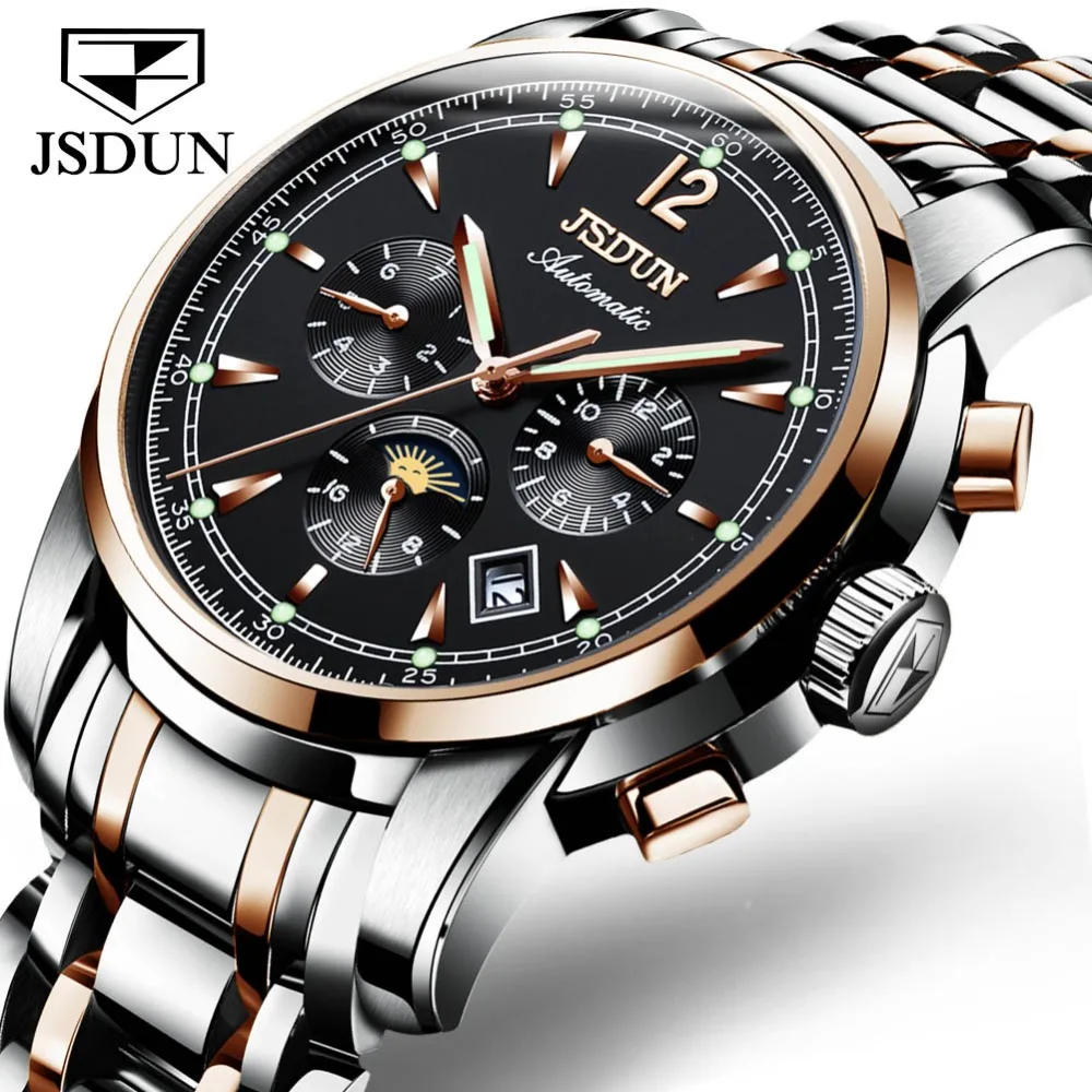 

JSDUN Sport Men Watch Automatic Mechanical Waterproof Wristwatch Relogio Masculino Sapphire Full Steel Moon Phase Luminous Watch