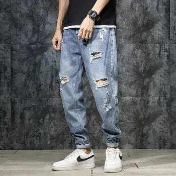 

Fashion Streetwear Men Jeans Retro Blue Destroyed Loose Fit Harem Pants Baggy Trousers Korean Style Hip Hop Ripped Jeans Men