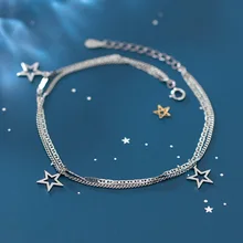 Authentic REAL. 925 Sterling Silver Fine Jewelry 2Rows layers Open Star Anklet Bracelet GTLS919