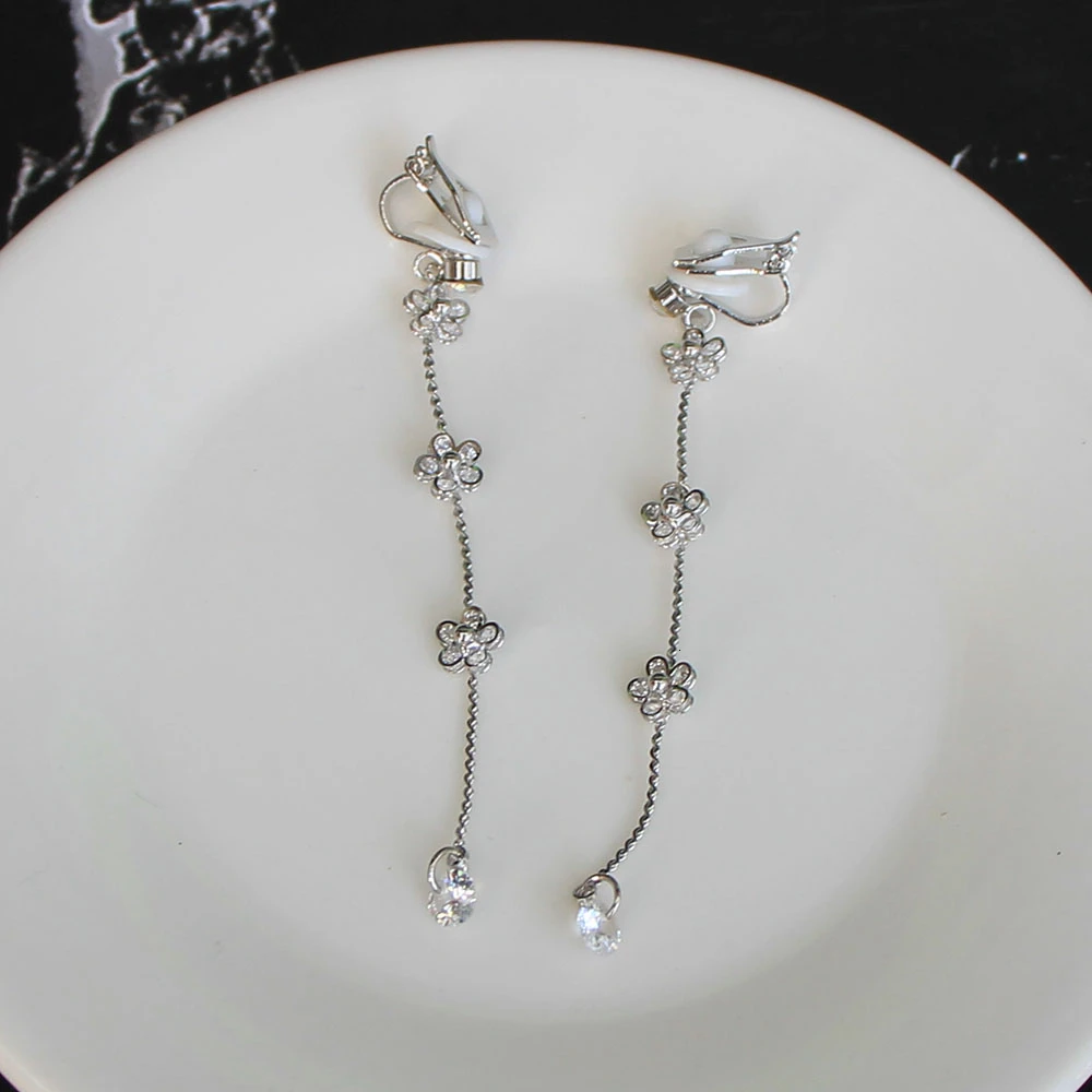Серьги-клипсы, цепочка с кисточками, длинный цветок, циркониевый зажим, серьги, элегантные, эстетические, цветочные, серьги, кольца, аксессуары для женщин и девушек